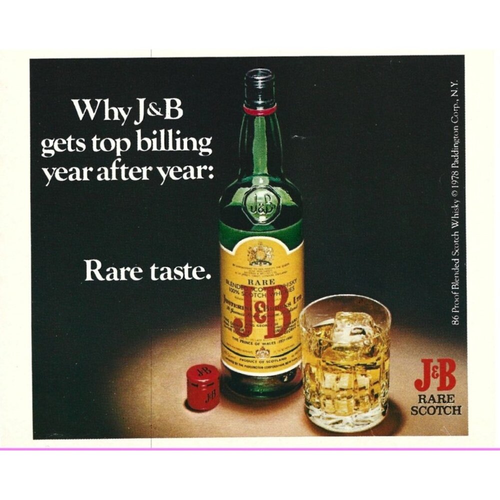 J&B Rare Scotch Whisky 1978 Vintage Print Ad 86 Proof Blended Scotch Whisky AD